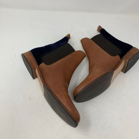 Joules Westbourne Tan Leather Navy Blue Velvet Chelsea Boot US Womens Size 9 - Picture 6 of 9